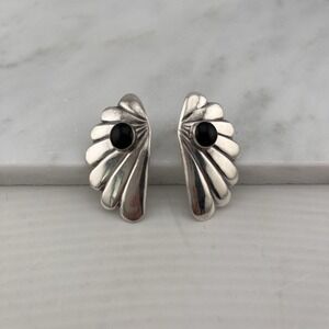 Sterling Silver Black Onyx Wings Fans Shells MCM Post Earrings Tribal Aztec Art